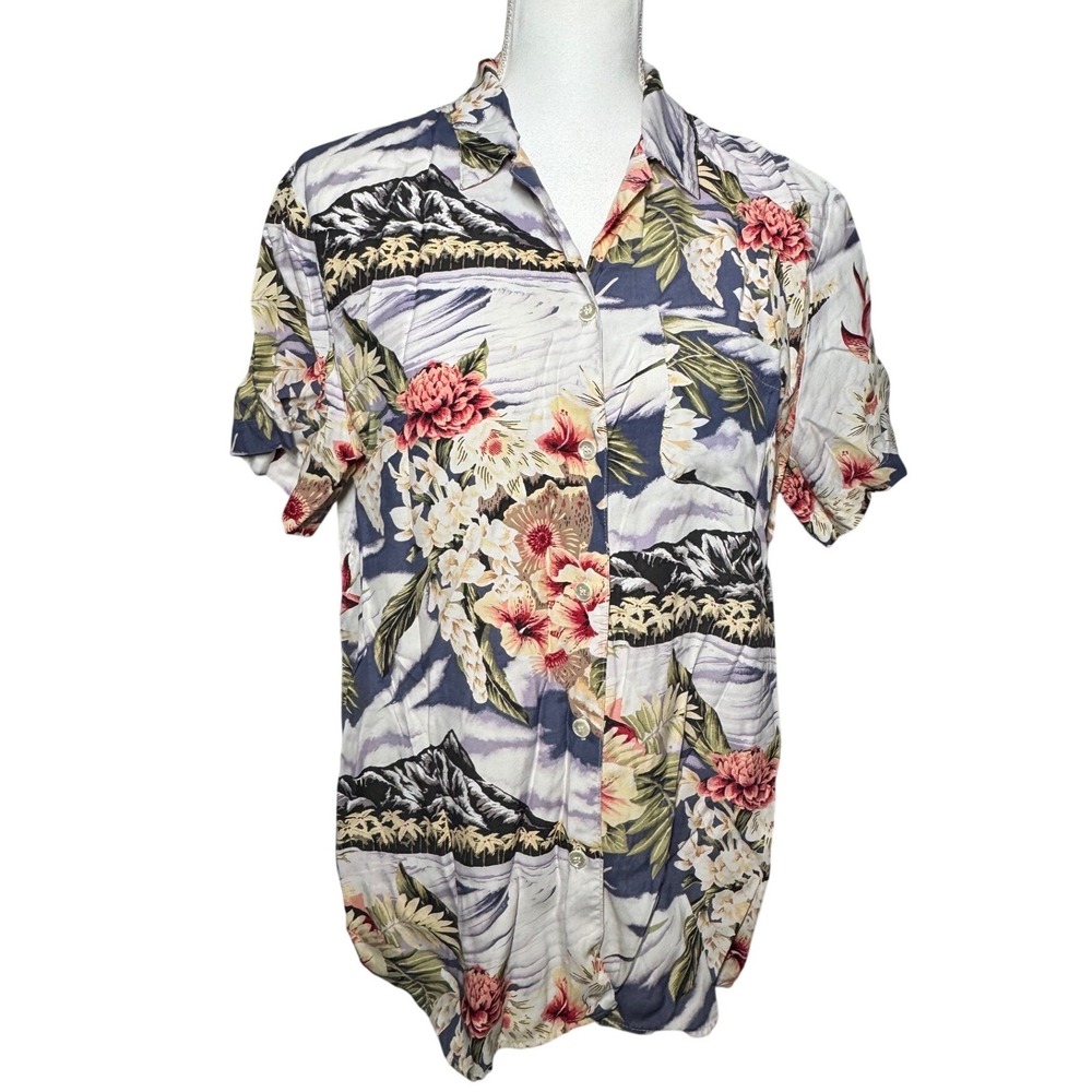 Fiorlini International Hawaiian Shirt Size M Blue Floral Rayon Excellent Scenic